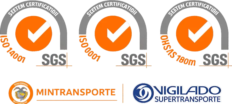 Certificaciones ISO 14001, ISO 9001, OHSAS 18001 SGS, Mintransporte, Vigilado SuperTransporte